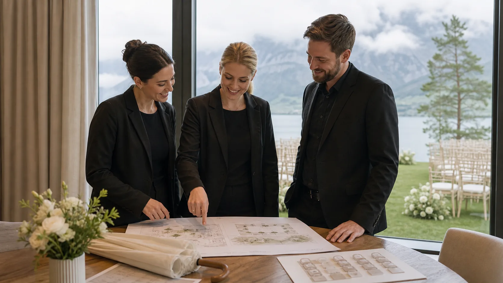 Une table de cérémonie présente deux cartes discrètes : déroulé principal et alternative de lieu, dans un décor de Suisse romande.