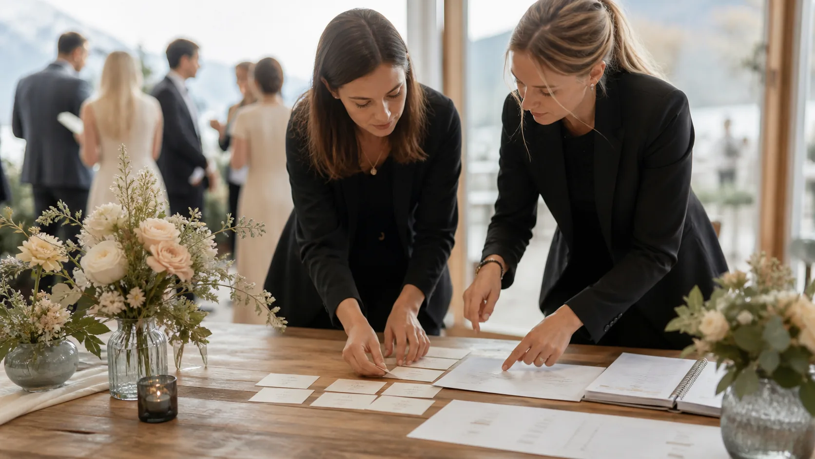 Une petite équipe de proches répartit des cartes de rôles avant une cérémonie de mariage dans une ambiance sobre et chaleureuse.
