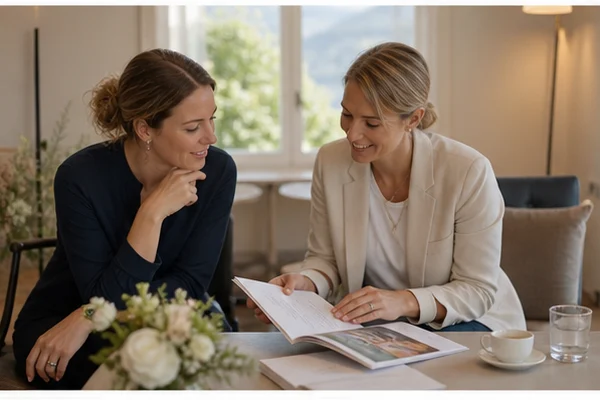 Petite équipe de coordination répartissant des cartes de rôle avant une réception de mariage