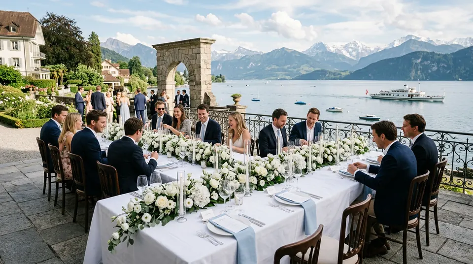 Réception de mariage élégante au bord d'un lac alpin suisse