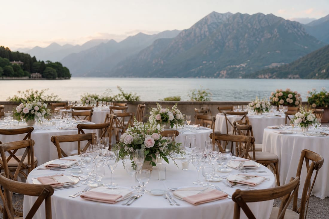 Exemple : tables de réception au bord d'un lac, sans personnes
