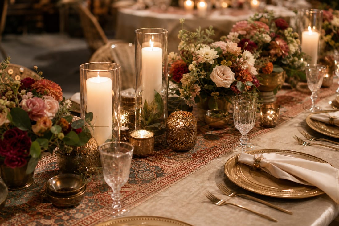 Exemple : décor de table mélangeant bougies et fleurs